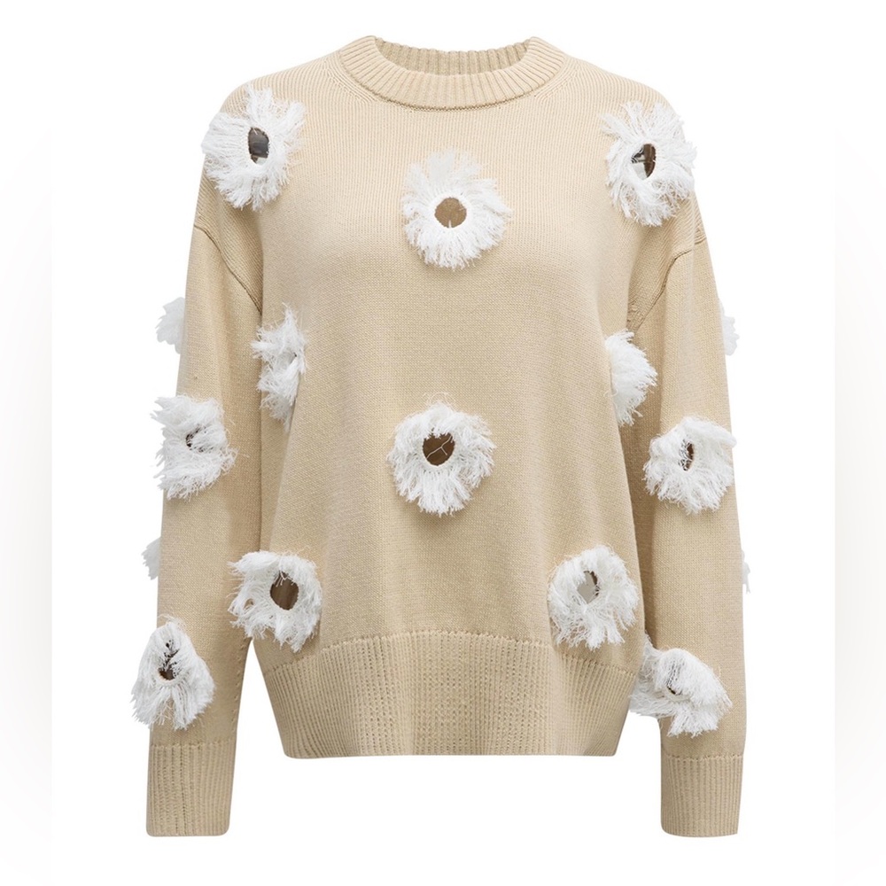 Lafayette 148 New York Feather Fringe Crochet Silk-Blend Sweater Women's Beige S - Picture 13 of 16